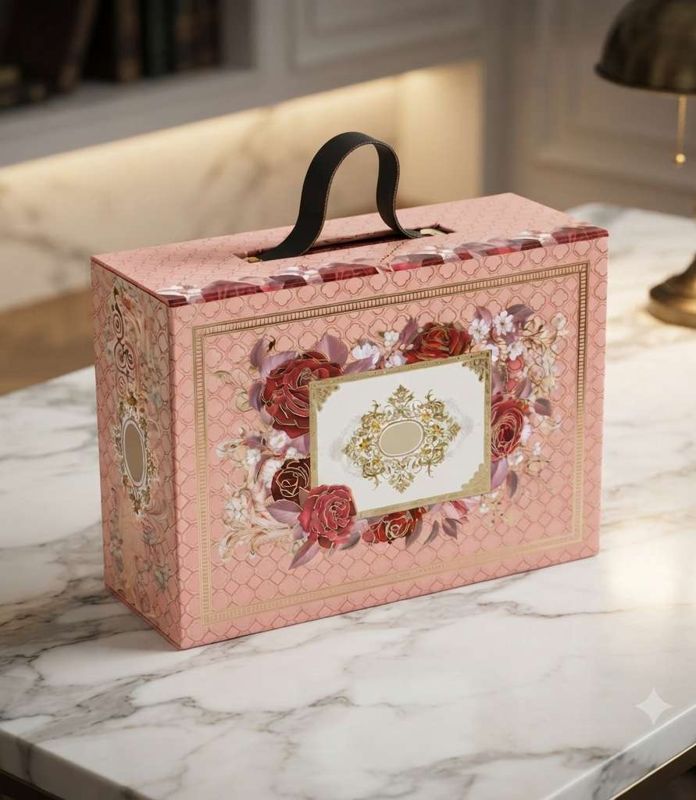Blush Pink Floral Hamper Box with 3 hexagon jars & 10 cavity tray