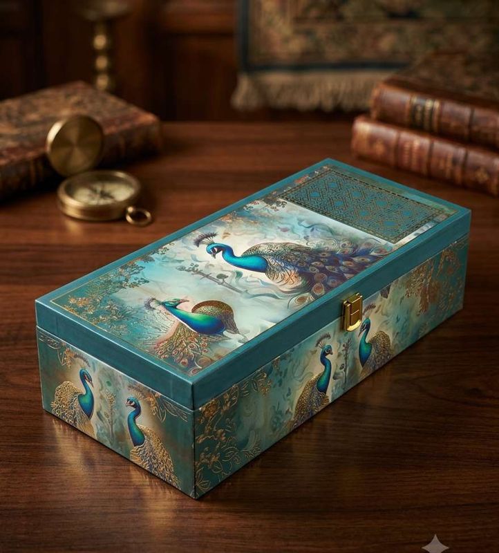 The Elegant Peacock Print Box with 3 salsa glass jars