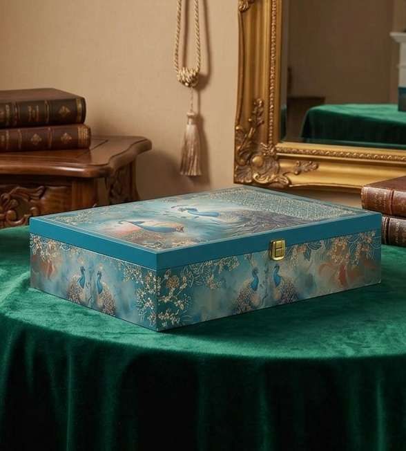 The Elegant Peacock Print MDF Box with 6 glass jars