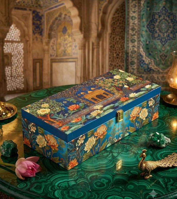The Beautiful Pichwai Royal Blue MDF Box with 3 Salsa Glass Jars
