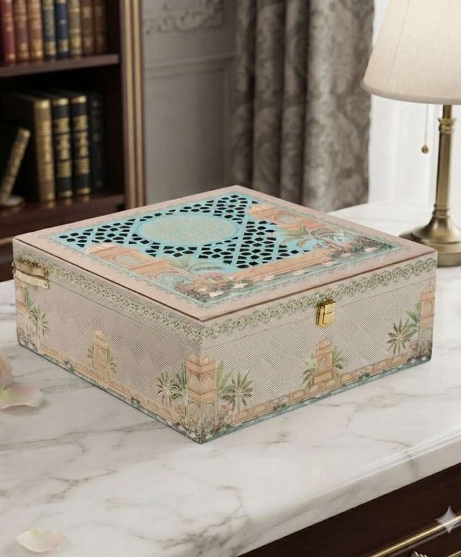 Premium Laser-Cut Traditional Rajwadi Print MDF Box with 2 Glass Jars, 1 Ganesh Ji Murti & 10-Cavity Tray