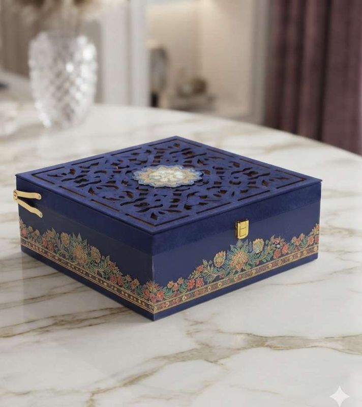 Velvet Top Laser-Cut Decorative Box with 2 glass jars & 10 cavity