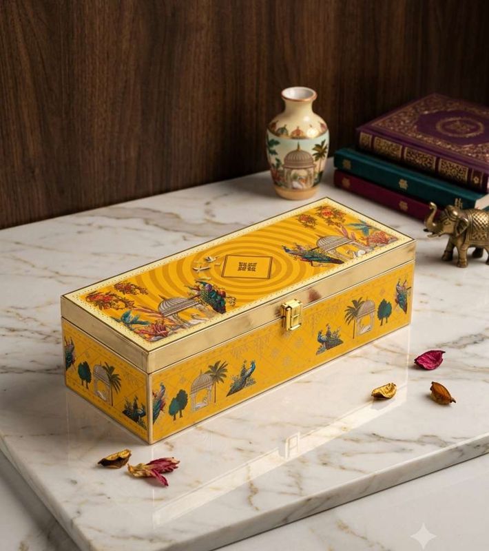 The Beautiful Pichwai Yellow MDF Box with 3 Salsa Glass Jars