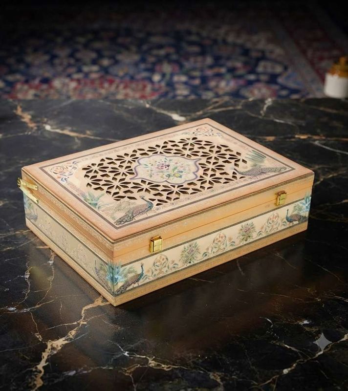 Royal Peacock Laser Cut MDF Box with 3 Diamond Jars, 1 Ganesh Ji Murti & 12-Cavity Tray