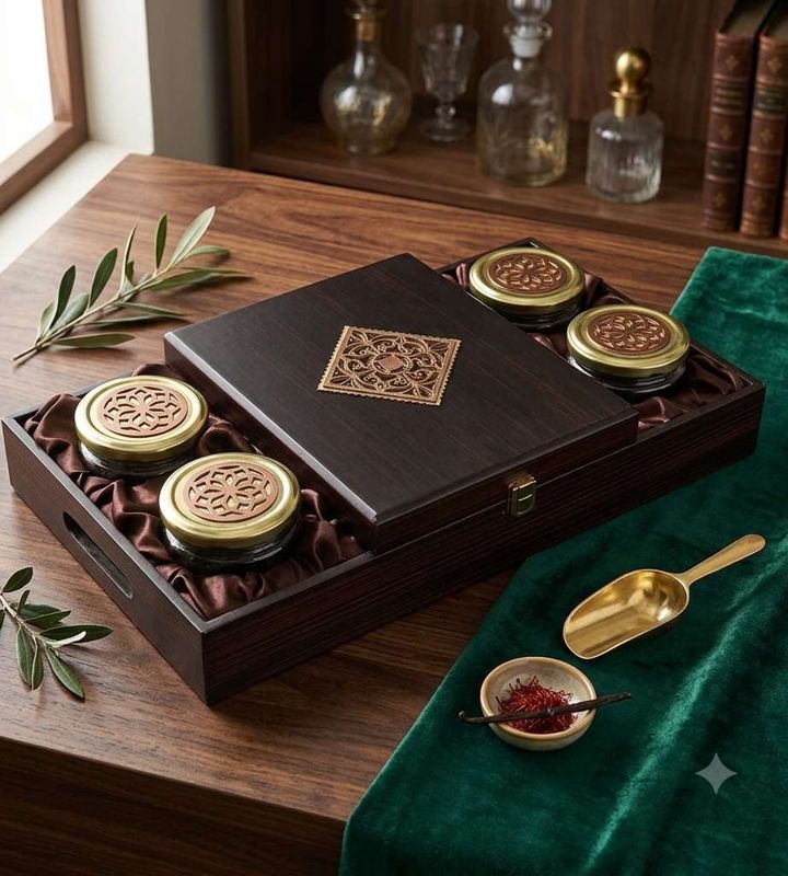 Luxurious Wooden Gift Box with 4 laser cut design salsa jars & 20 cavity