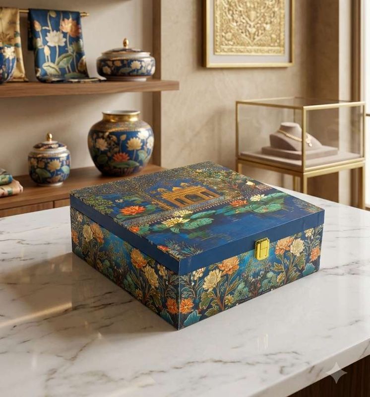 The Beautiful Pichwai Royal Blue MDF Box with 4 Glass Jars