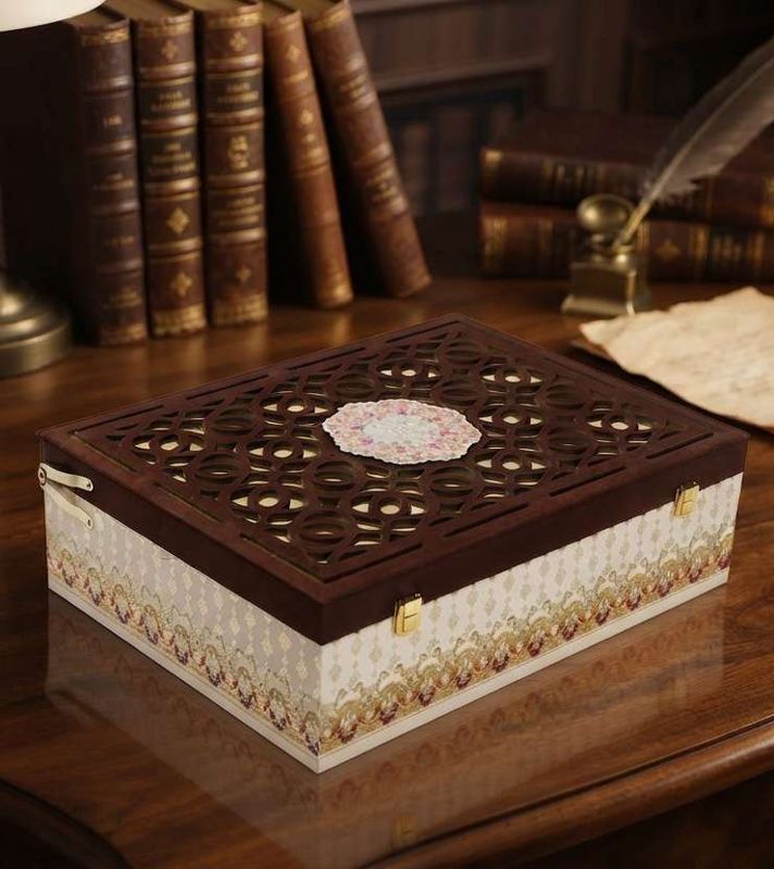 Velvet Top Laser-Cut Decorative Box with 3 Diamond Glass Jar & 12 cavity Tray