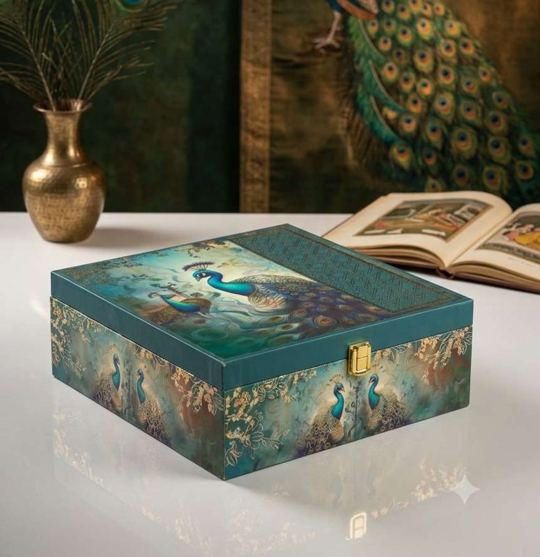 The Elegant Peacock Print Box with 4 Salsa Glass Jars