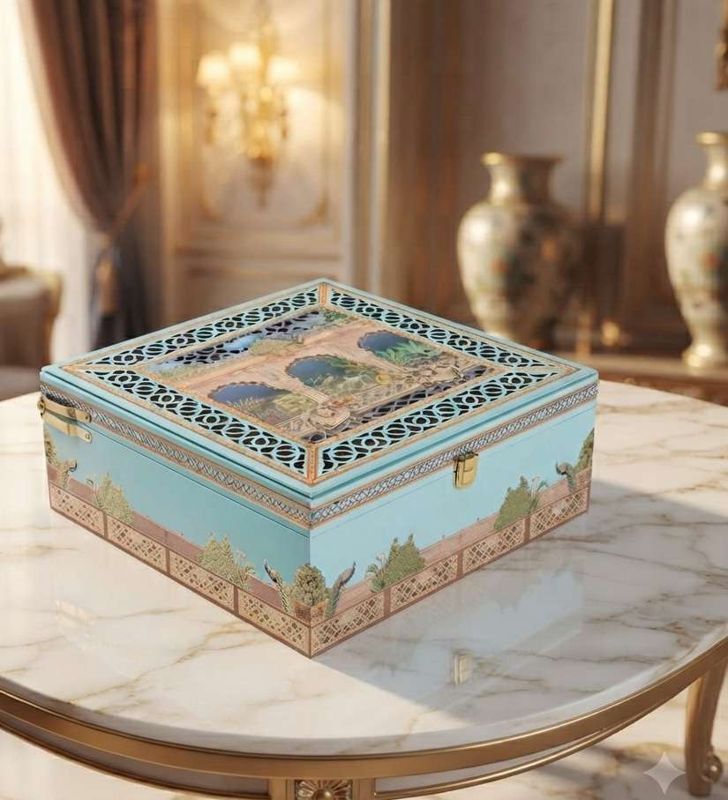 The Premium Laser-Cut Traditional Print MDF Box with 2 Glass Jars, 1 Ganesh Ji Murti & 10-Cavity Tray