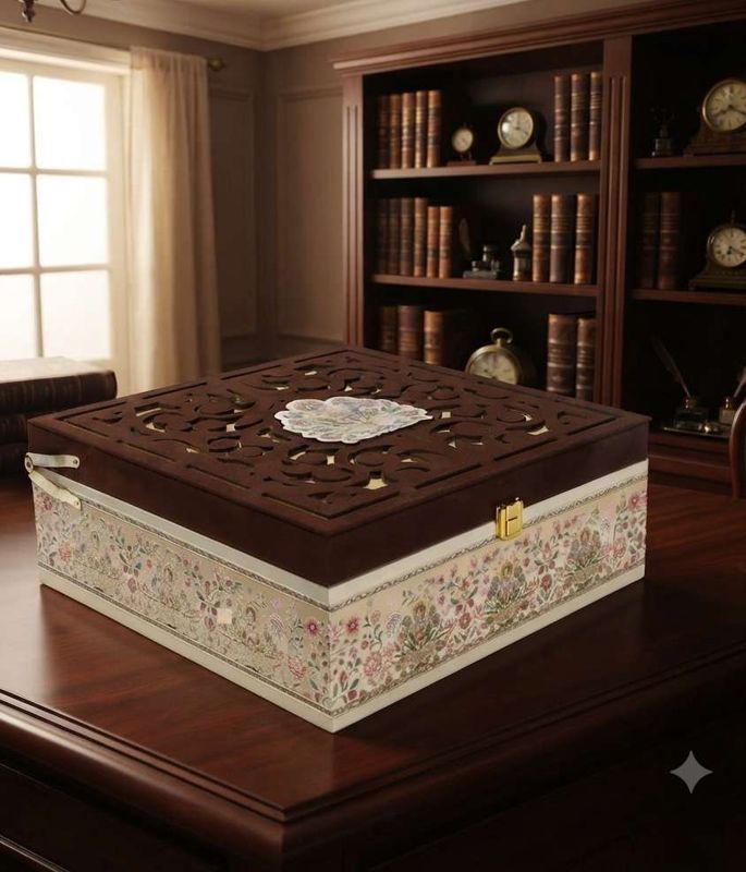 Velvet Top Laser-Cut Decorative Box with 2 Glass Jars & 10-Cavity Tray