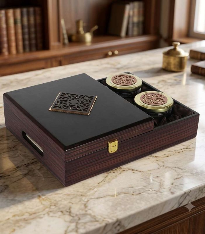Luxurious Wooden Gift Box with 2 laser cut design salsa jars & 20 cavity