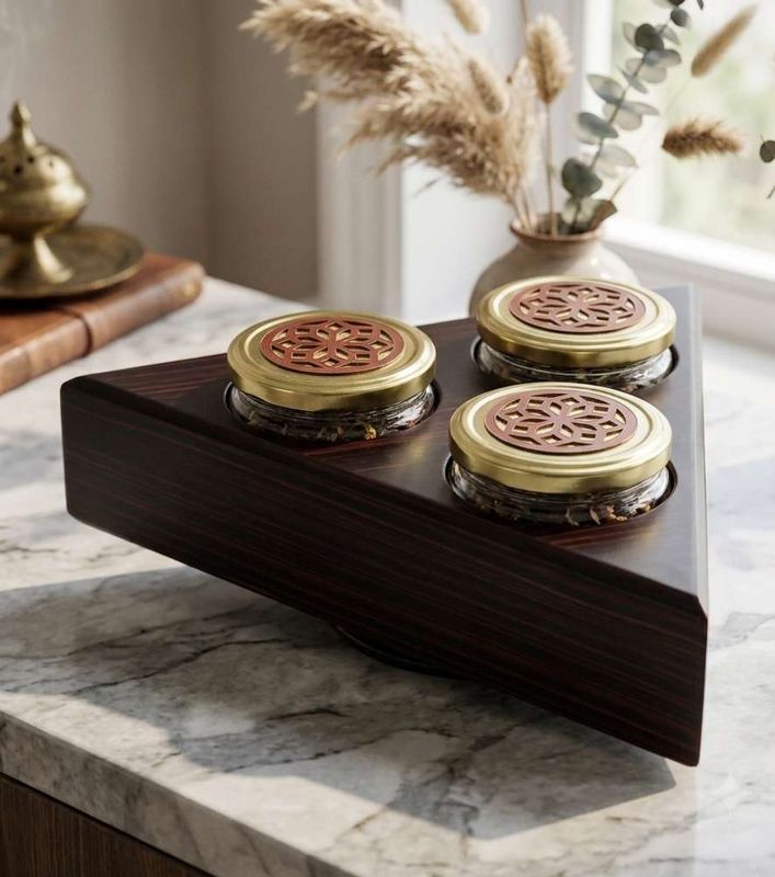 Rotational Triangle Wooden Gift Box with 3 laser cut design salsa jars