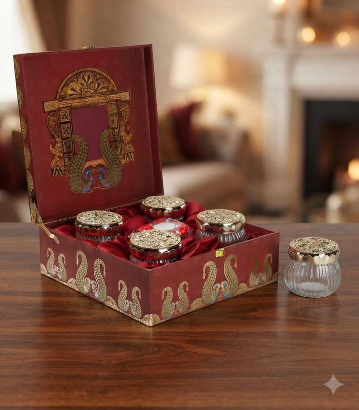 The Elegant Laser-Cut Traditional Print MDF Box with 4 Glass Jars & Candle