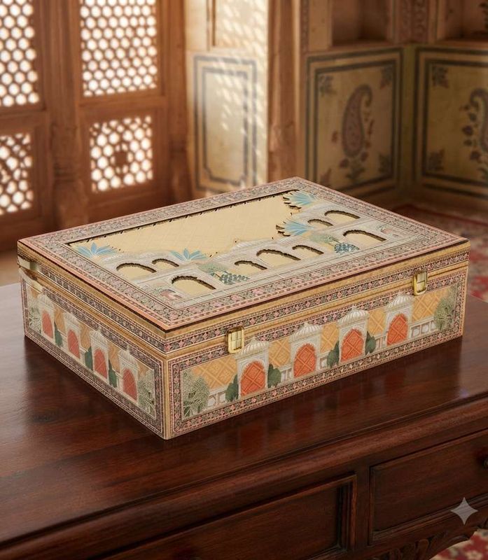 Maharani Mahal-Style Laser-Cut MDF Box with 3 Diamond Glass Jars & 15-Cavity PVC Box