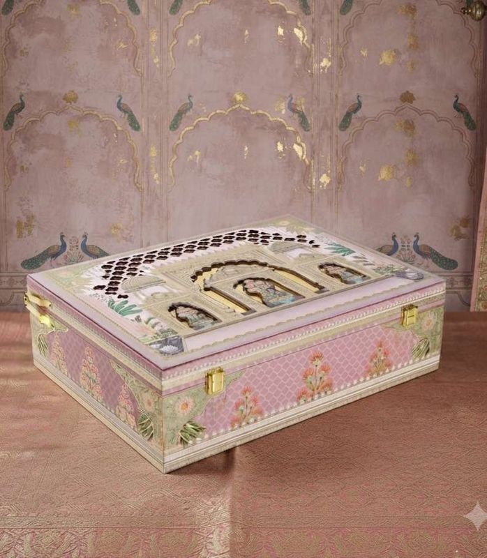 The Rajputana Theme Laser-Cut MDF Box with 3 Glass Jars, 1 Ganesh Ji Murti & 12-Cavity Tray