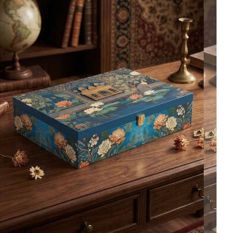 The beautiful pichwai royal blue MDF Box with 6 glass jars