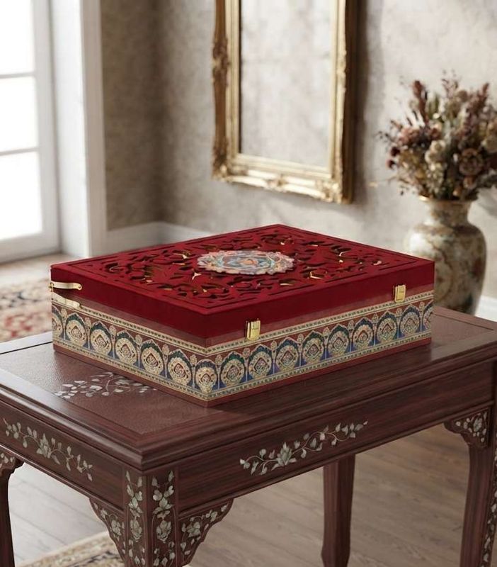 Velvet Top Laser-Cut Decorative Box with 3 Diamond Glass Jar & 12 Cavity Tray